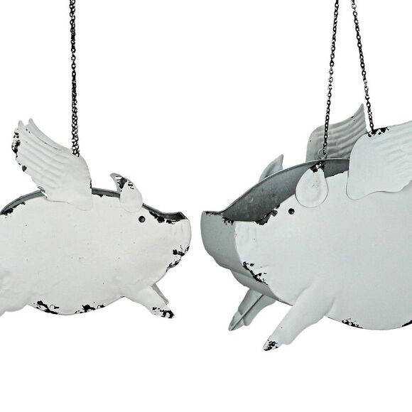 Metal Distressed White Flying Pig Hanging Planter Set Large & Small Flower Pots - Picture 2 of 8